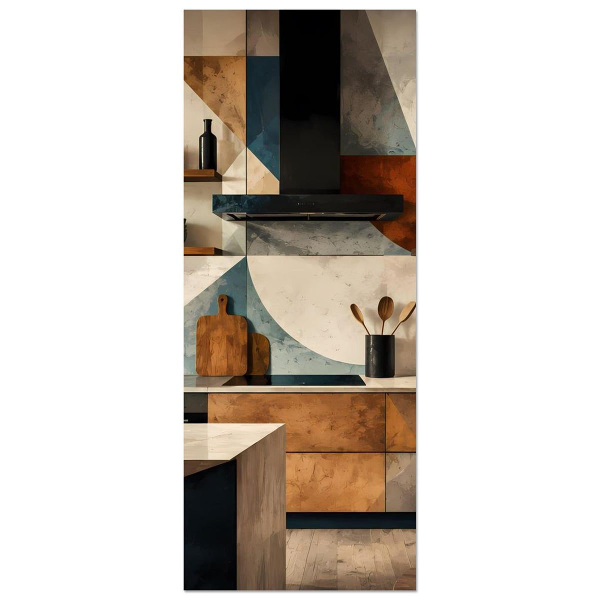 Küchenkunst-Poster, vertikal: geometrische Küchenansicht mit Herd und Spüle in Braunblau