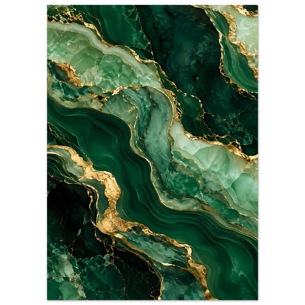 Luxusposter im Hochformat mit smaragdgrünem Marmordesign, goldenen Adern und hellen Flecken
