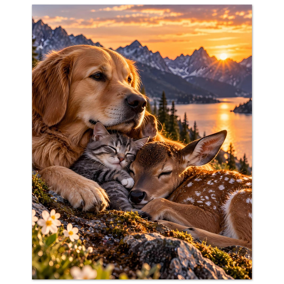 Tierliebe-Poster im Detail: goldener Hund, Katze und braunes Rehkalb kuscheln auf Felsen