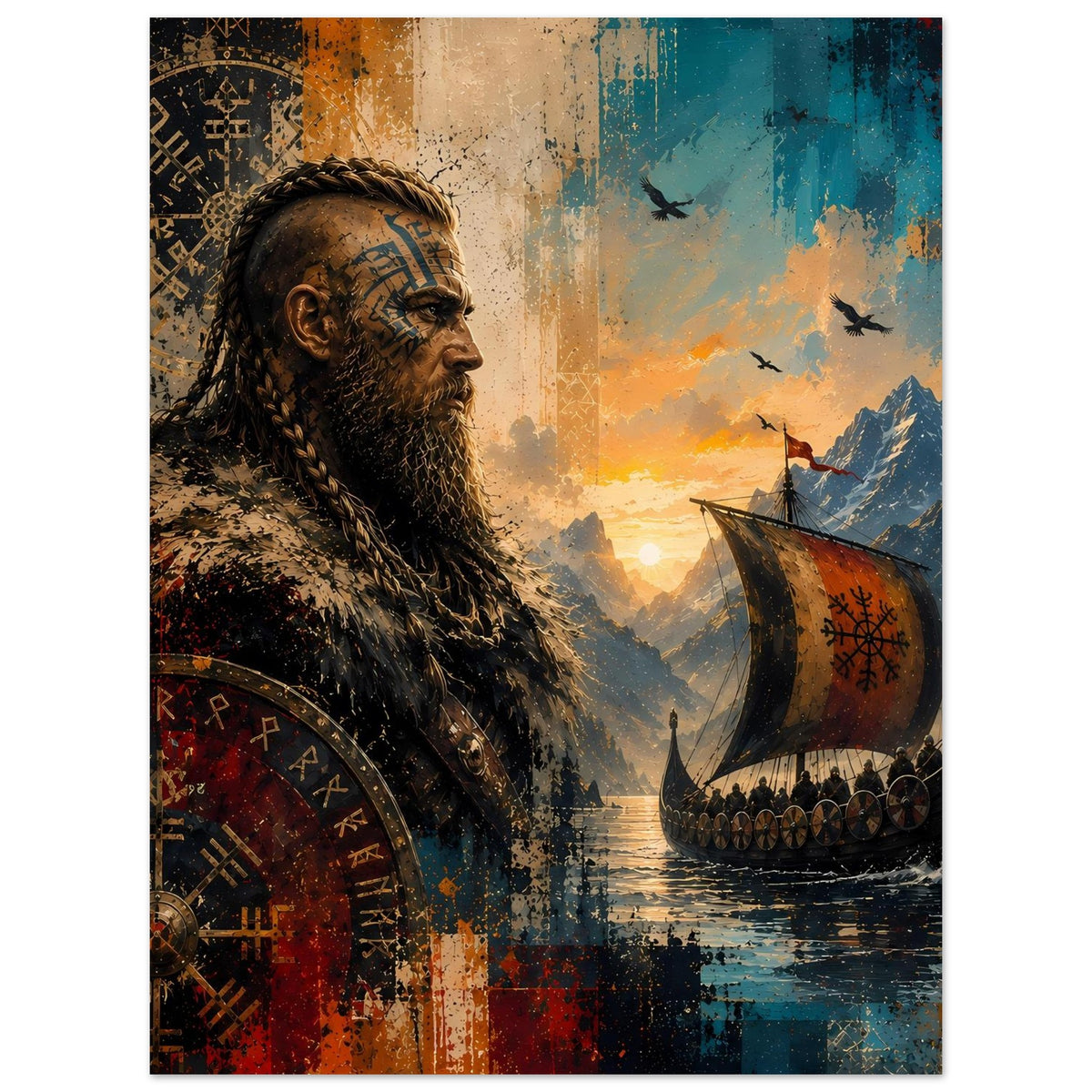 Nordisches Saga-Poster mit Wikingermann im Profil und Langschiff auf See, Runenmotive