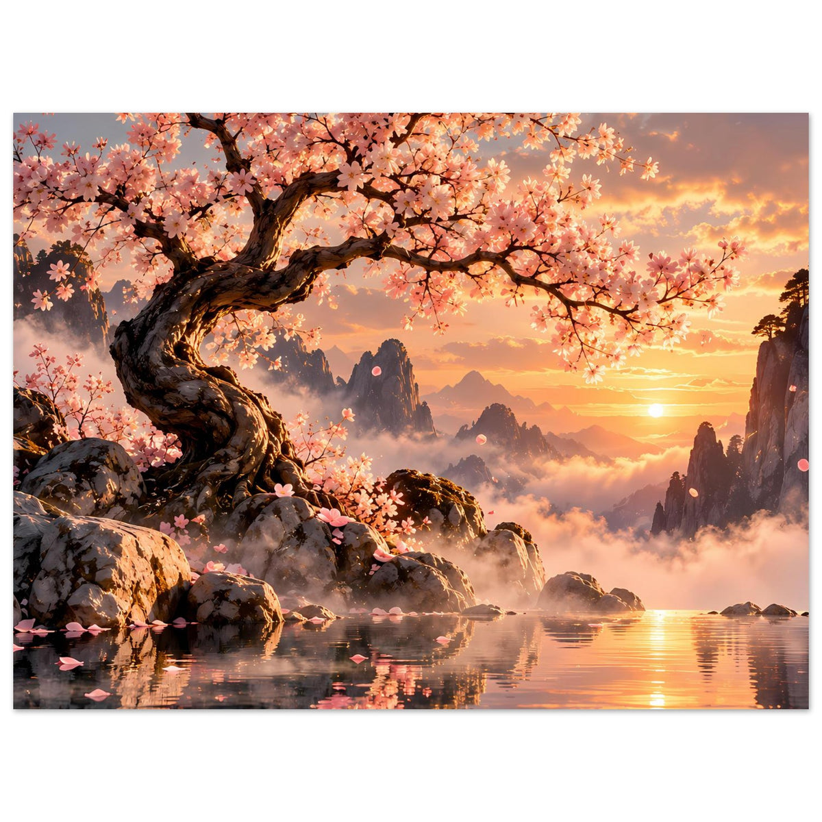 Horizontales Poster mit blühendem Kirschbaum, Felsen, See und Sonnenuntergang