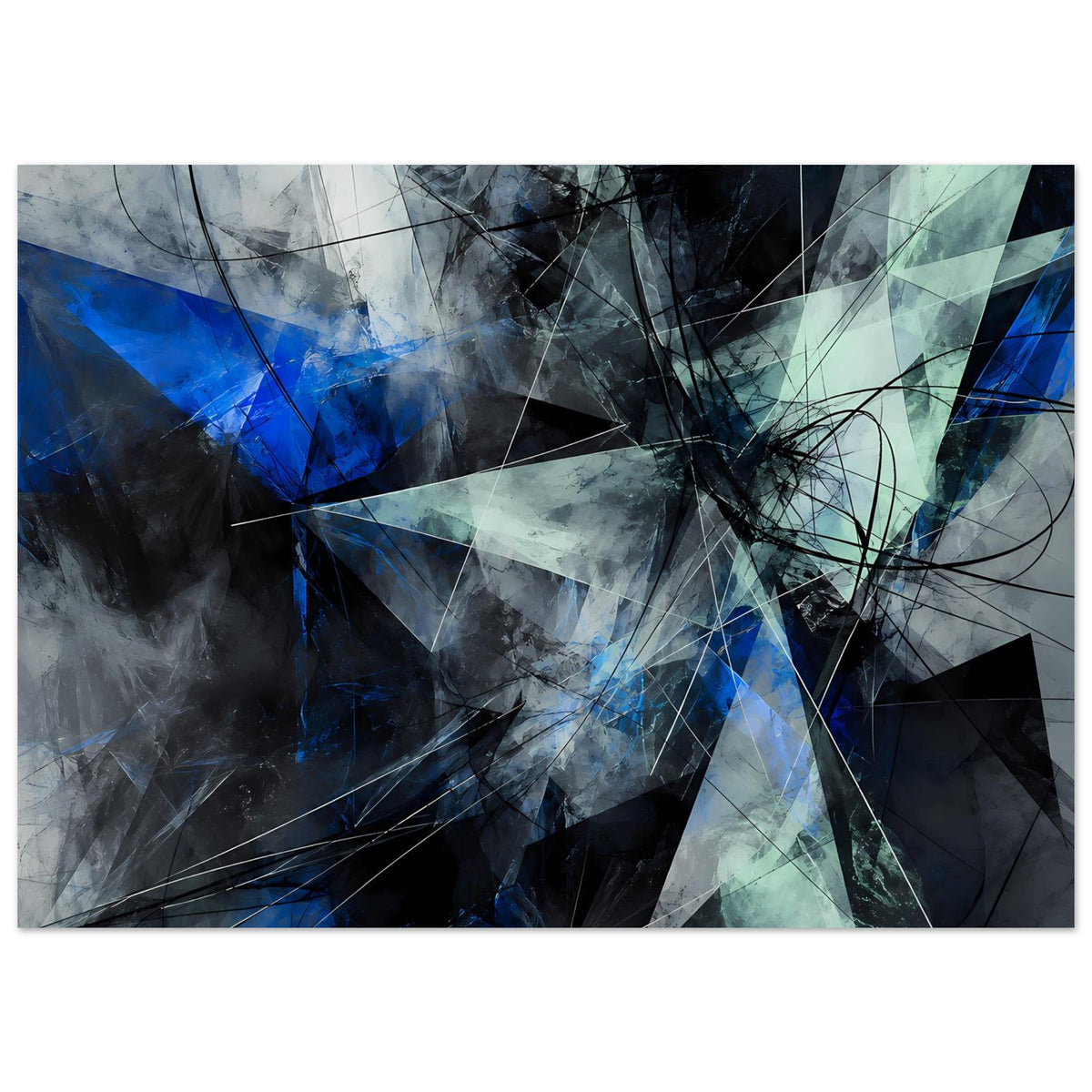Abstraktes geometrisches Poster, horizontale Ansicht, Blau, Türkis und dunkle Akzente