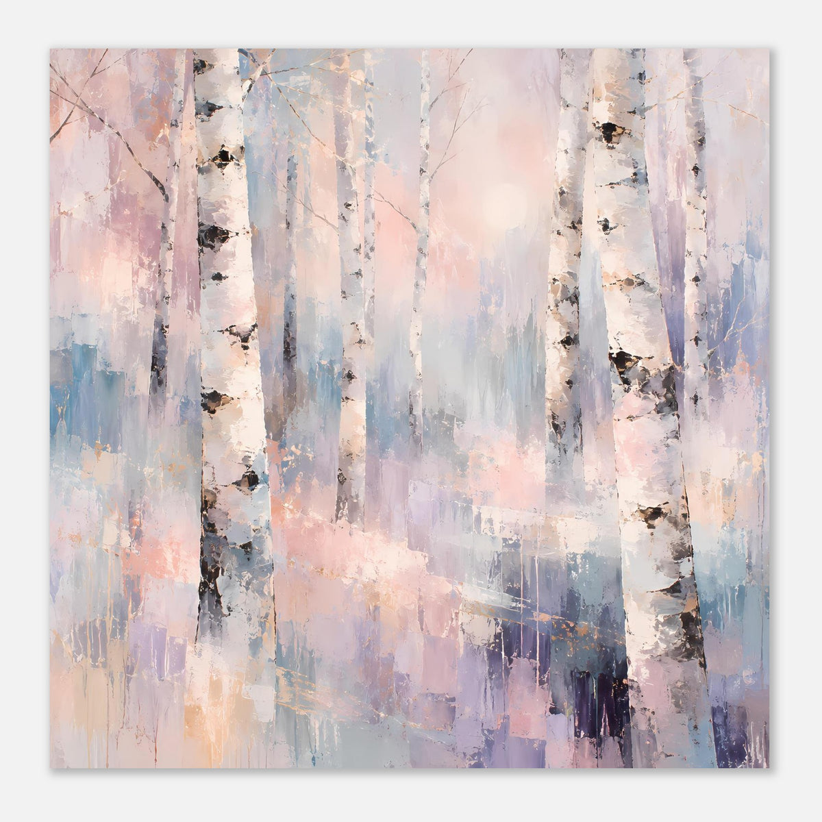 Naturposter Birkenwald in Pastell, Querformat, nahansicht der Birkenstämme und Lichtschleier