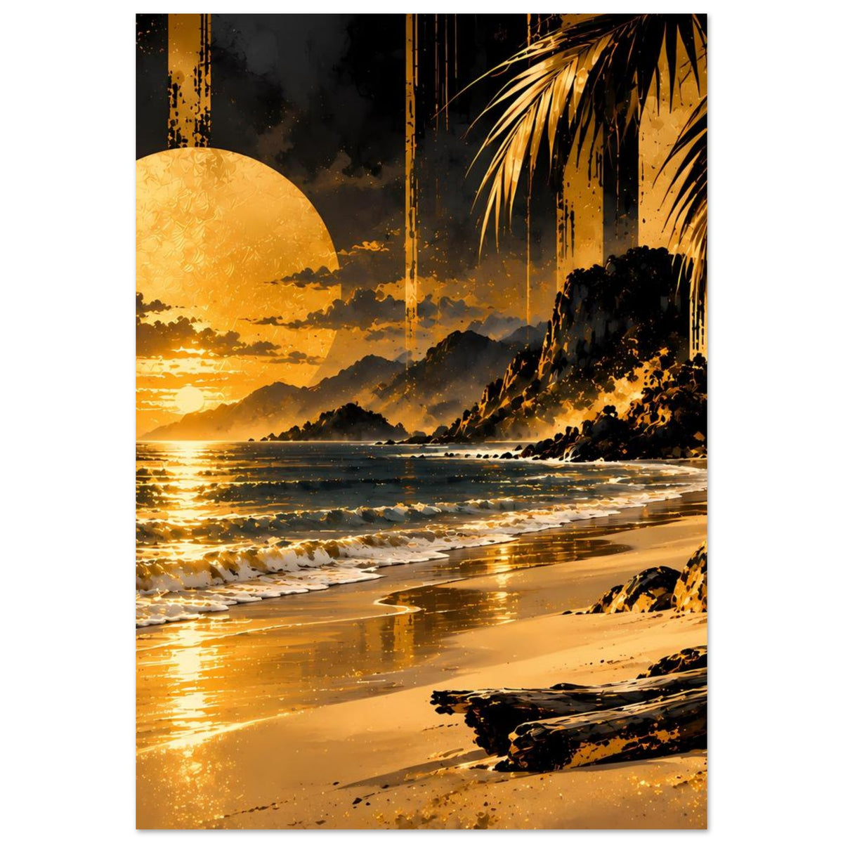 Kunstposter im Hochformat mit Golden-Sunset-Strand: goldenes Licht, Wellen, Palmen und Ufer