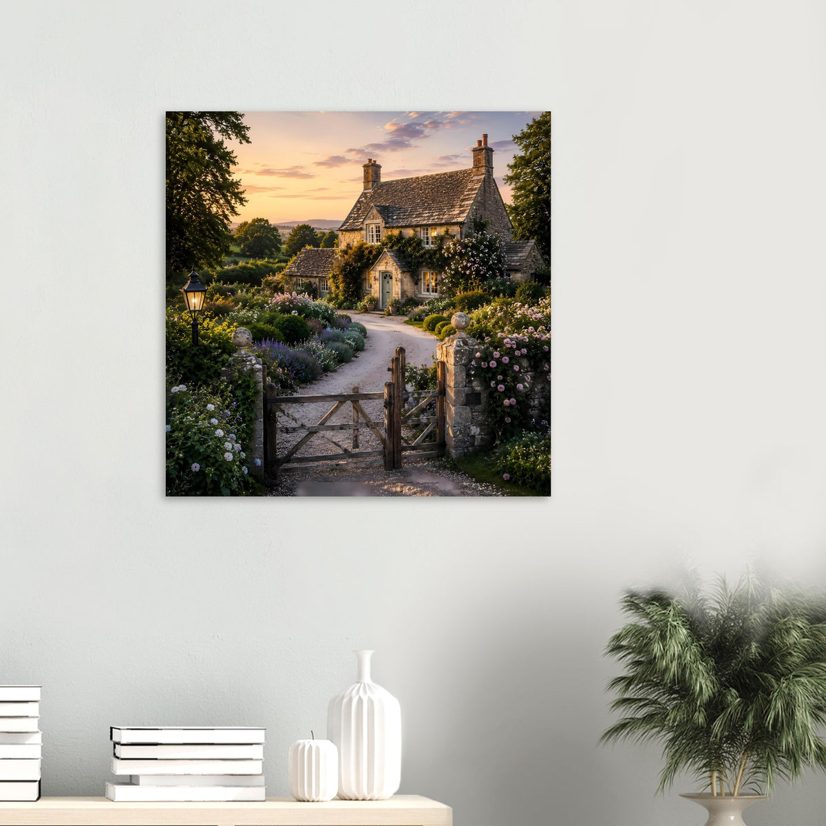 Quadratisches Poster mit Landhaus, Gartenweg und Torzaun im Sonnenuntergang