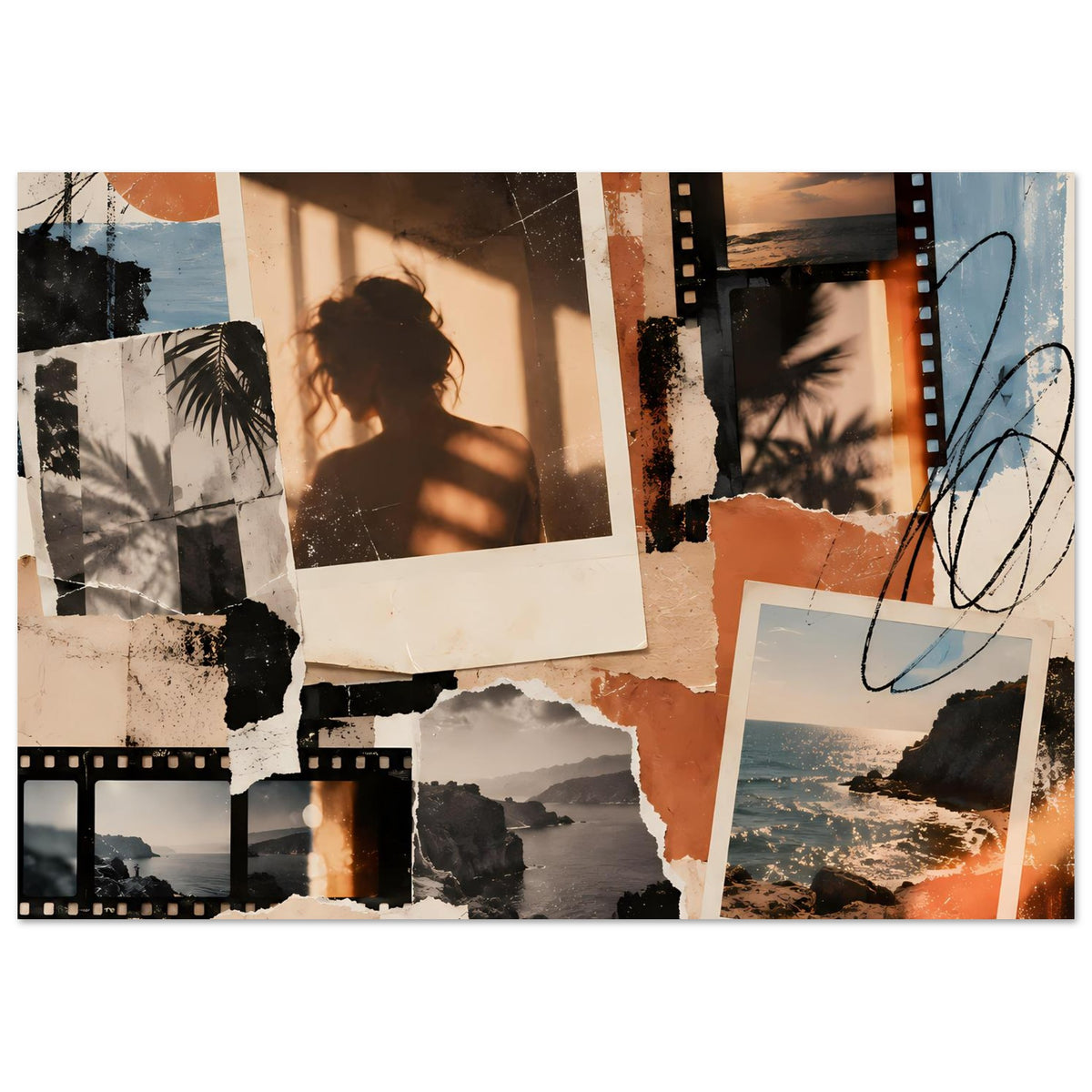 Breites Collage-Poster mit Polaroidrahmen, Filmstreifen, Strandbild und blauem Kritzelmuster