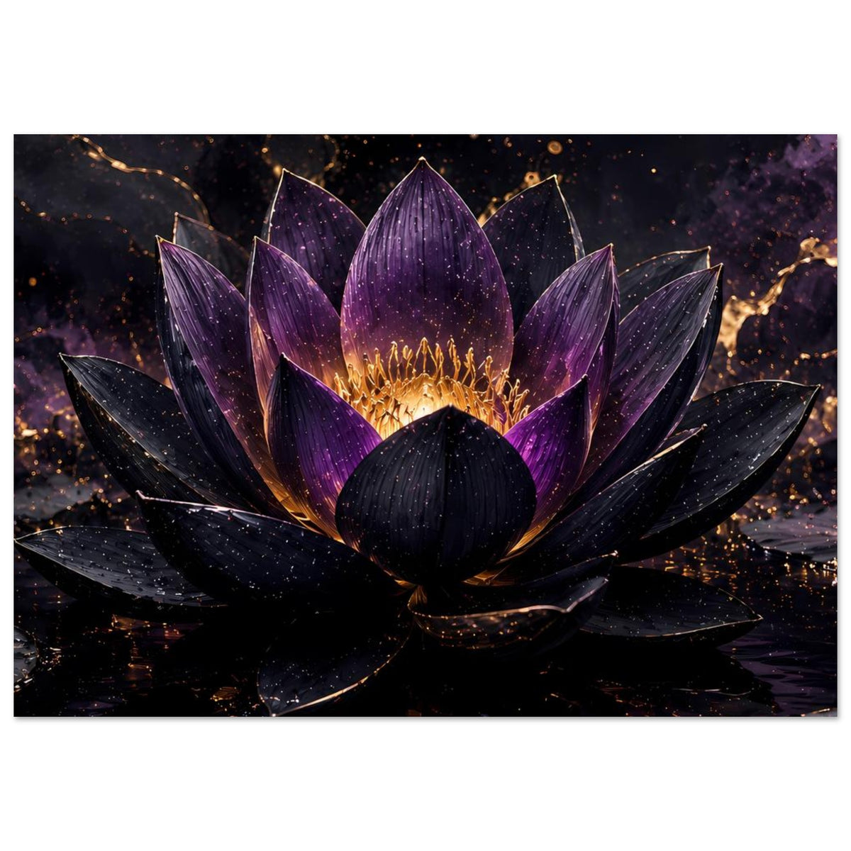 Lotusblüten-Poster mit violetter Lotusblume und goldener Mitte, dunkles Gesamtmotiv