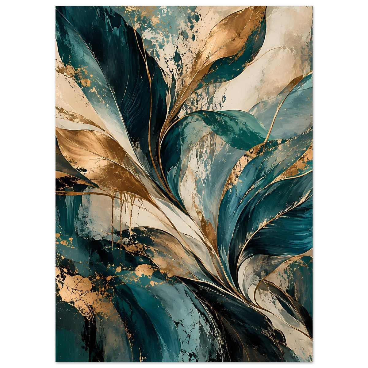 Blattkunst-Poster mit türkisgrünen Blättern, goldenen Linien und Spritzmustern