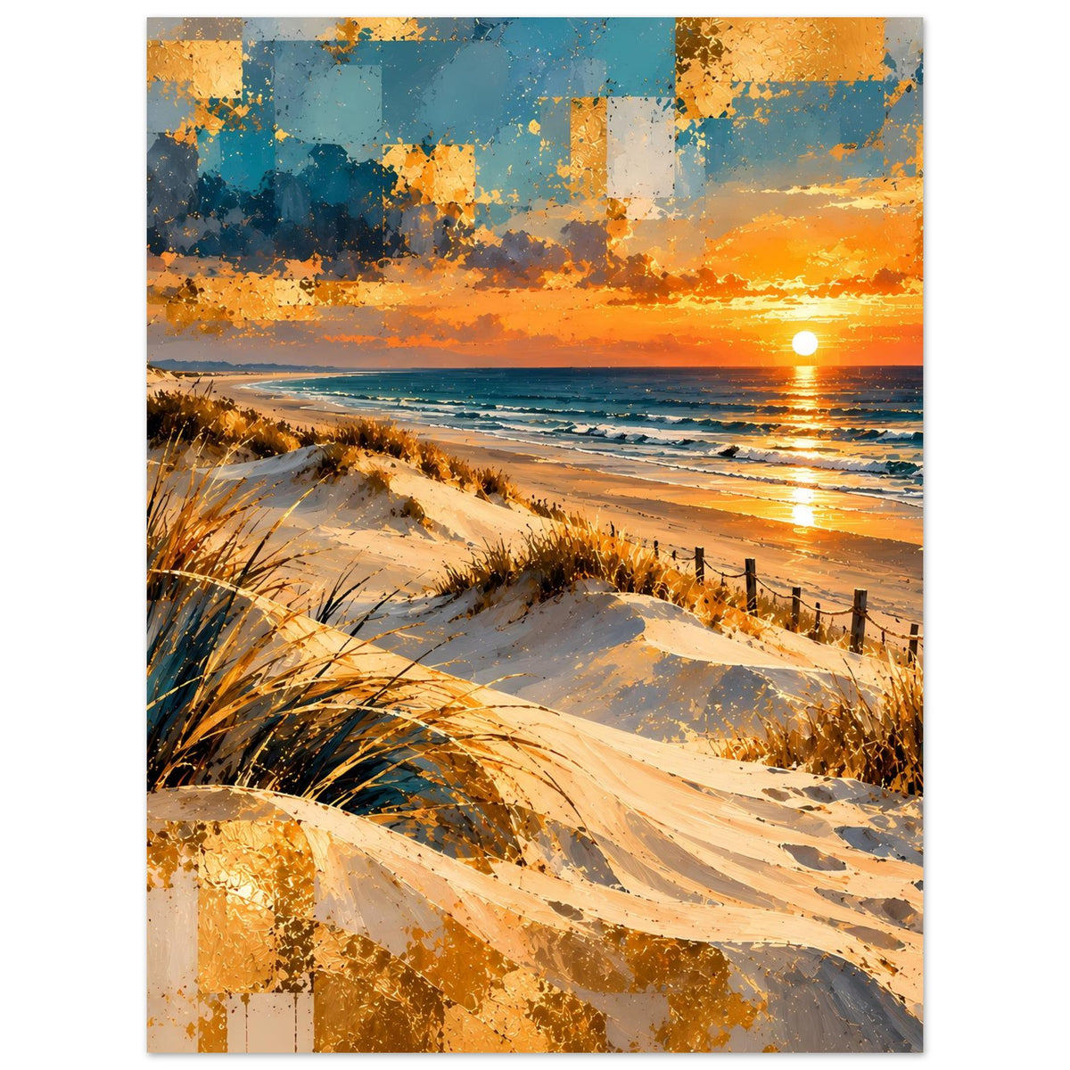 Poster mit Stranddünen und Sonnenuntergang: orange Sonne, Meer und Sandwege