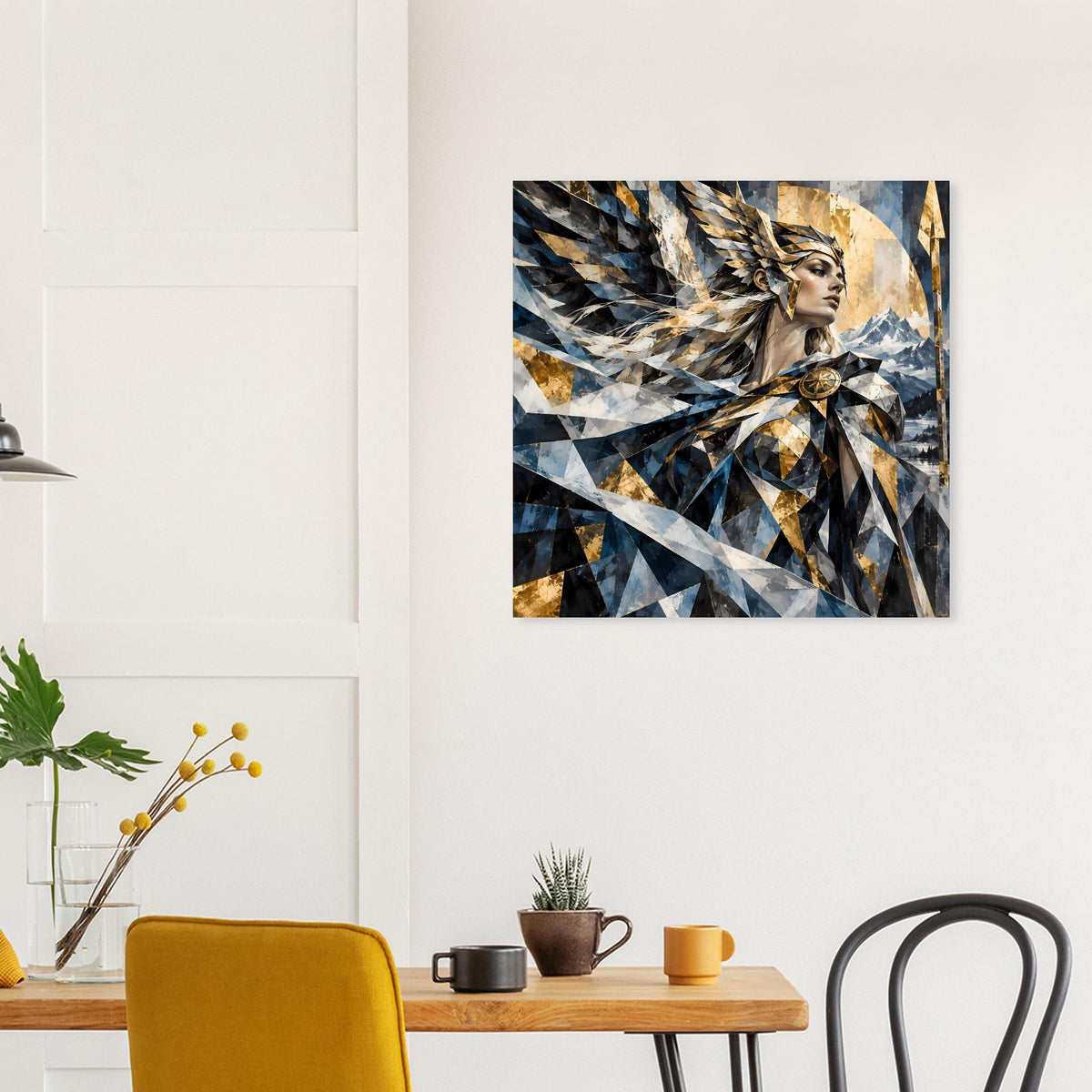 Geometrisches Poster mit Kriegerin, blau-goldene Dreiecksformen