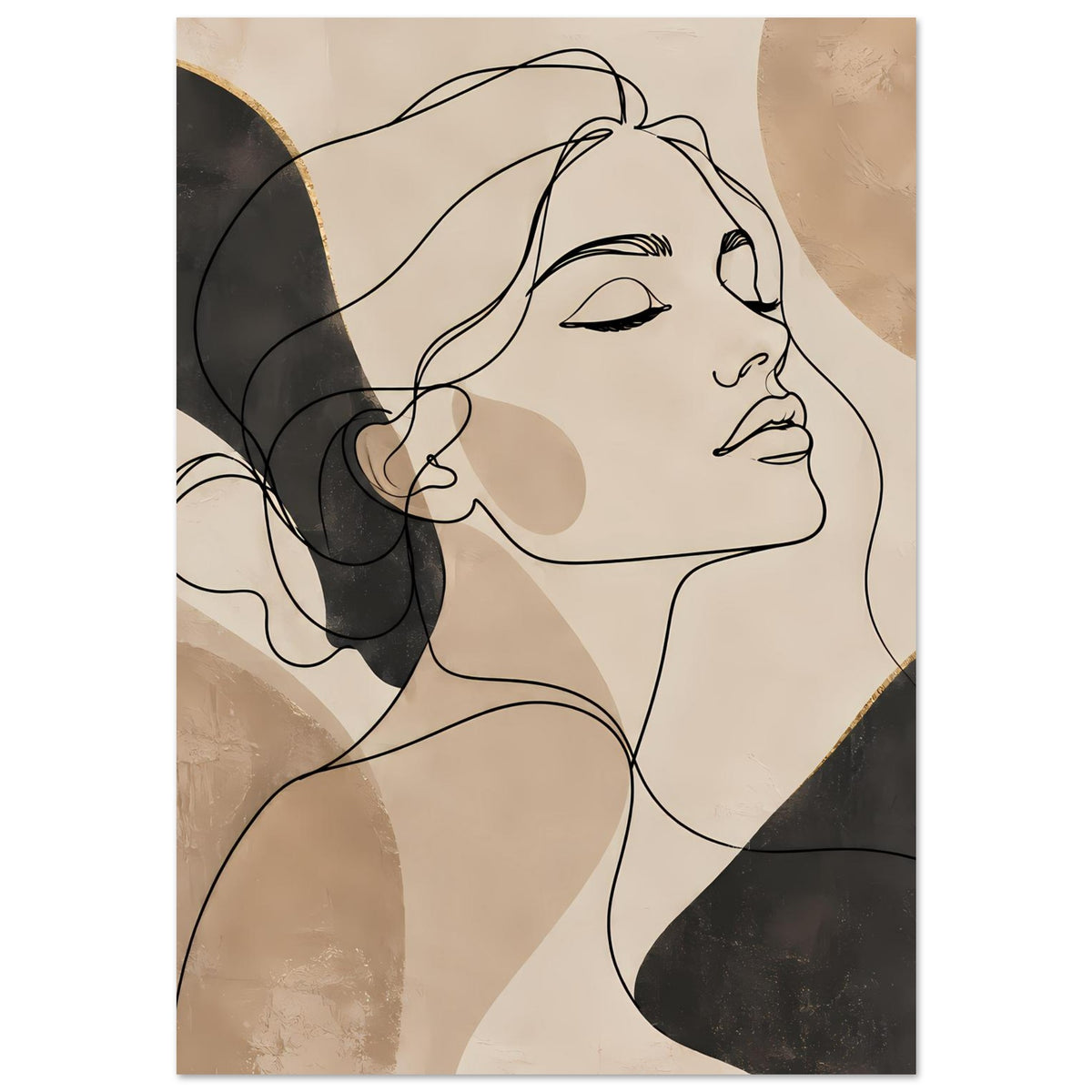 Kunstposter mit minimalistischem Linienporträt, beige Farbfelder, schwarze Konturen im Blickwinkel