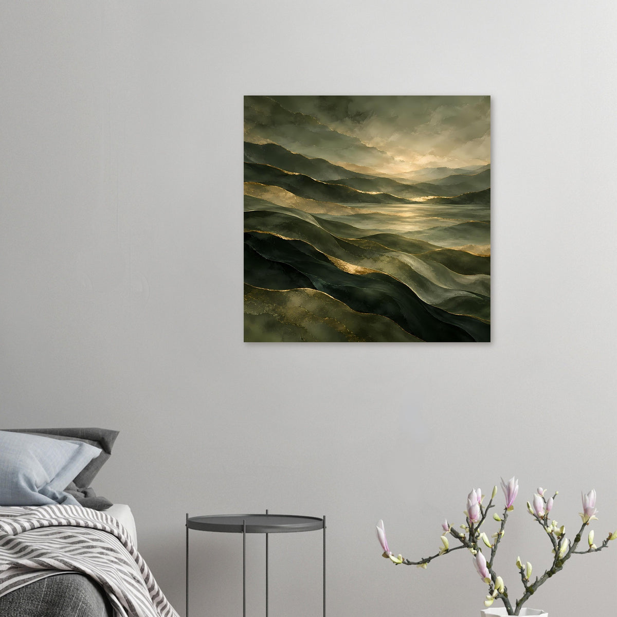 Kleines Landschafts-Poster im Rahmen mit grünen Hügeln und goldenen Lichtlinien