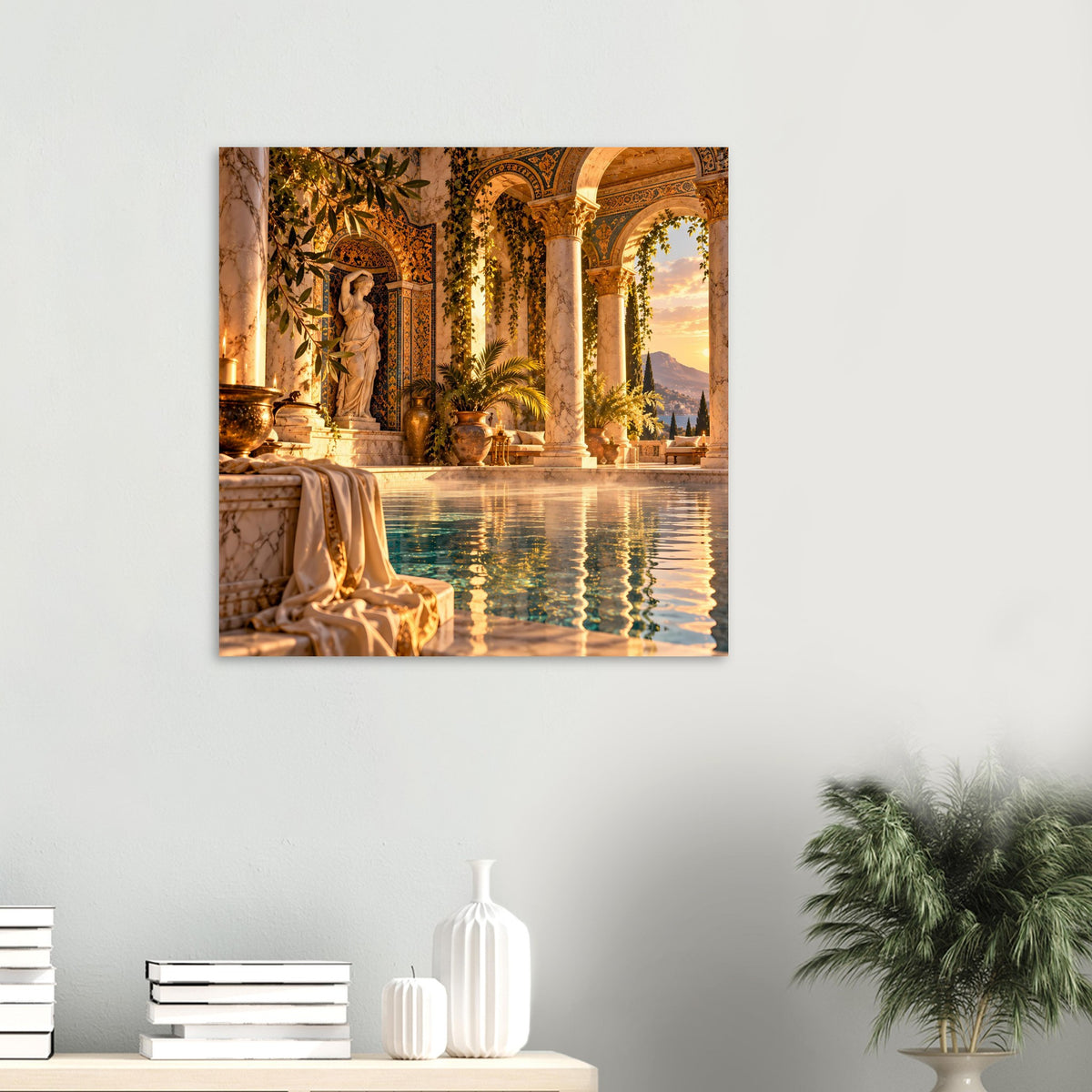 Mediterranes Pool-Poster im Querformat mit Säulen, Statue und Wasserfläche, gerahmt