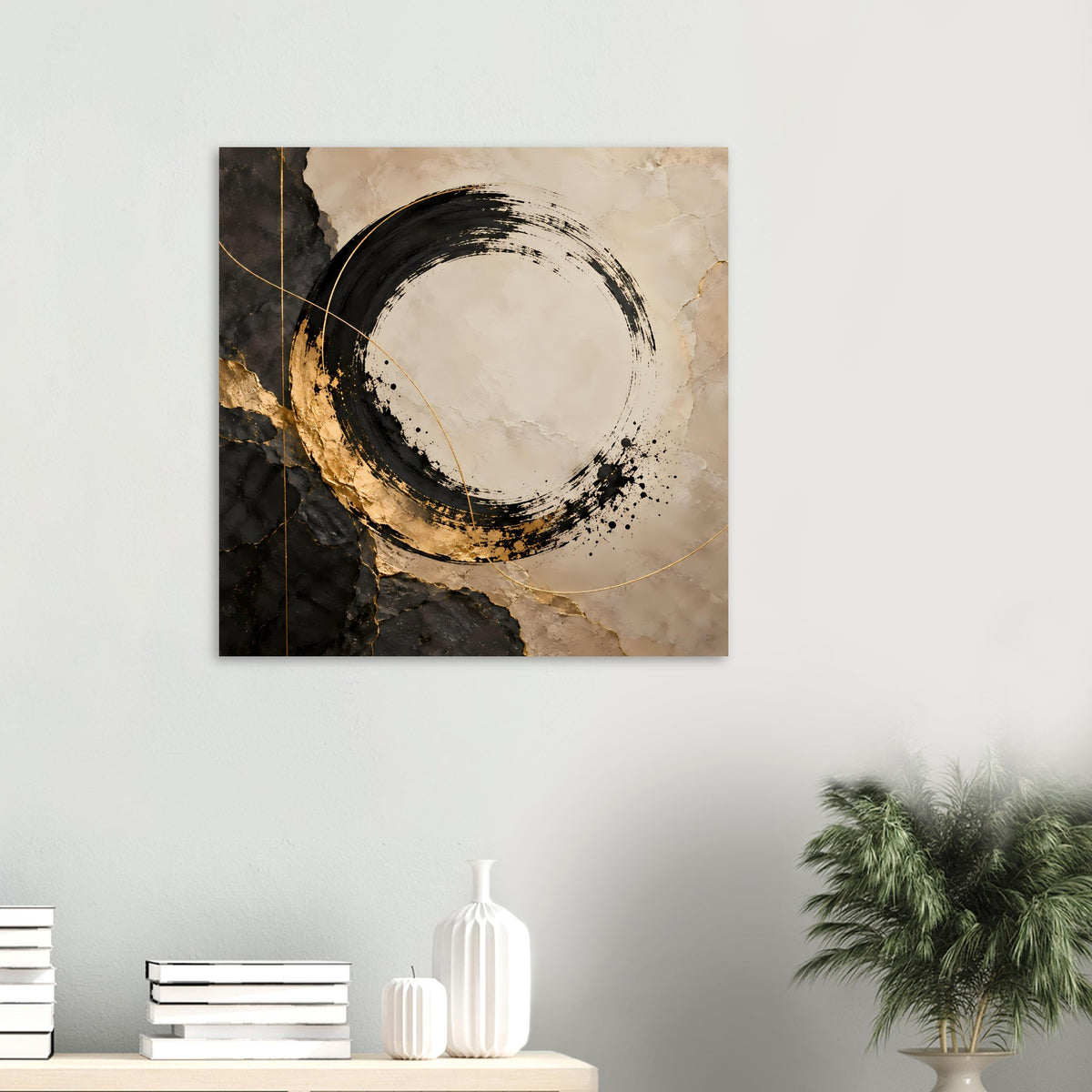 Kleines Kunstposter mit Kreisring, goldener Linie und schwarzen Sprenkeln