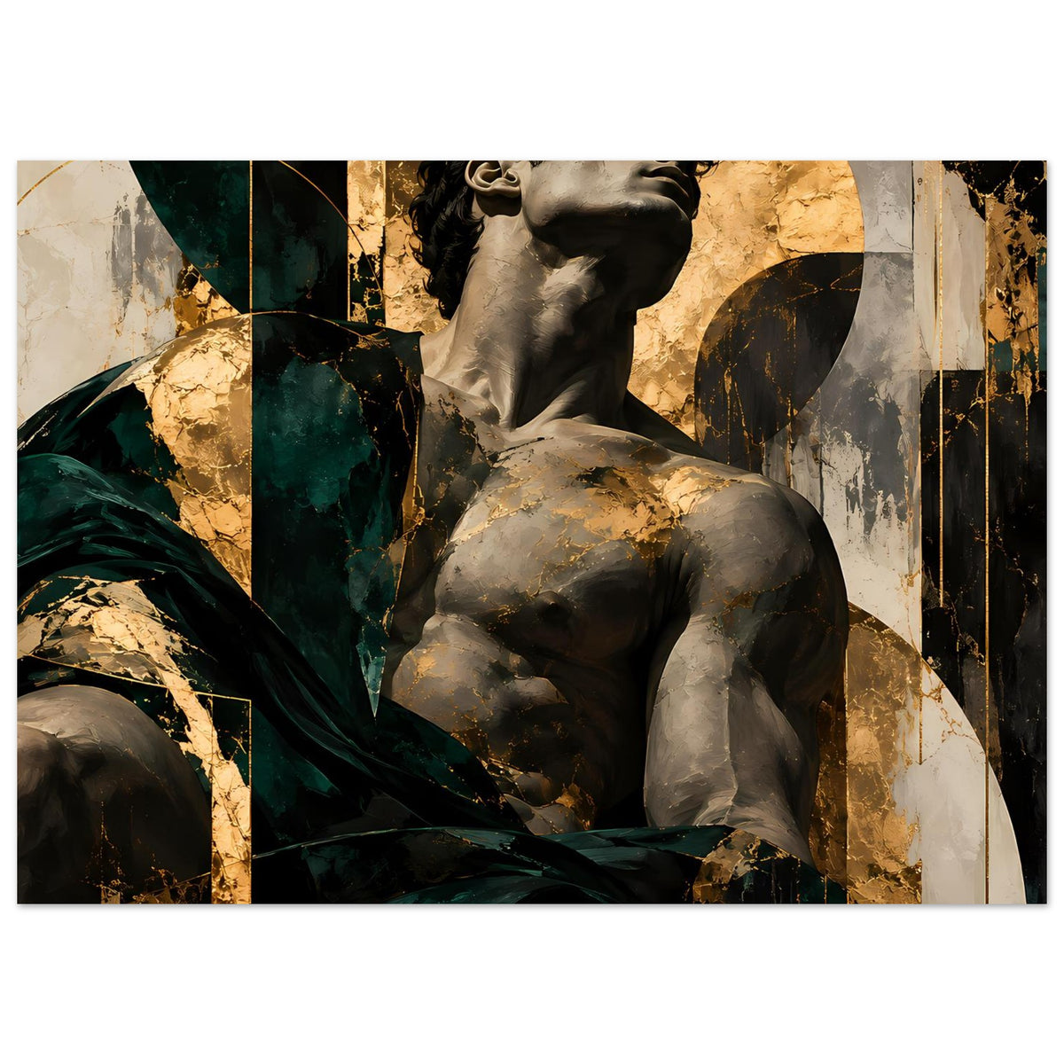 Kunstposter mit barocker Statue, dunkelgrüner Drapierung und goldenen Farbflächen