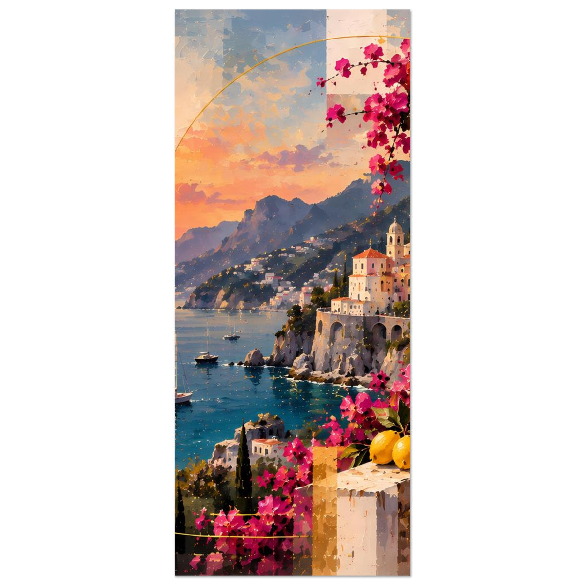 Vertikales Poster mit mediterraner Küste, rosa Bougainvillea und Stadt auf den Klippen