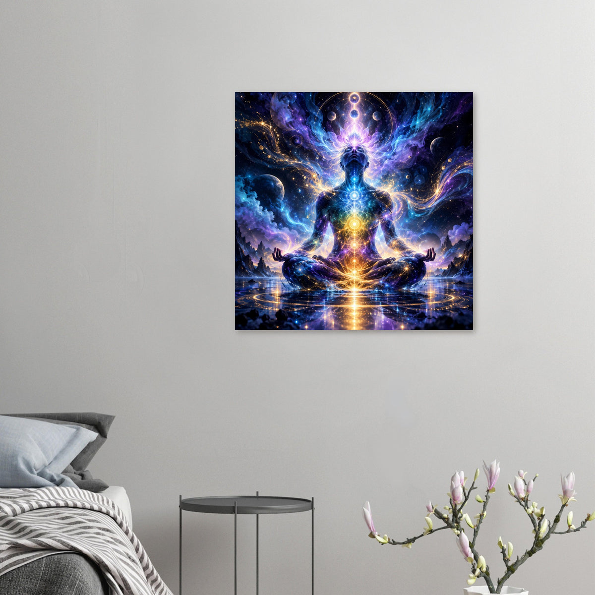 Spirituelles Poster: Meditationsfigur mit leuchtenden Chakren im kosmischen Sternenmeer