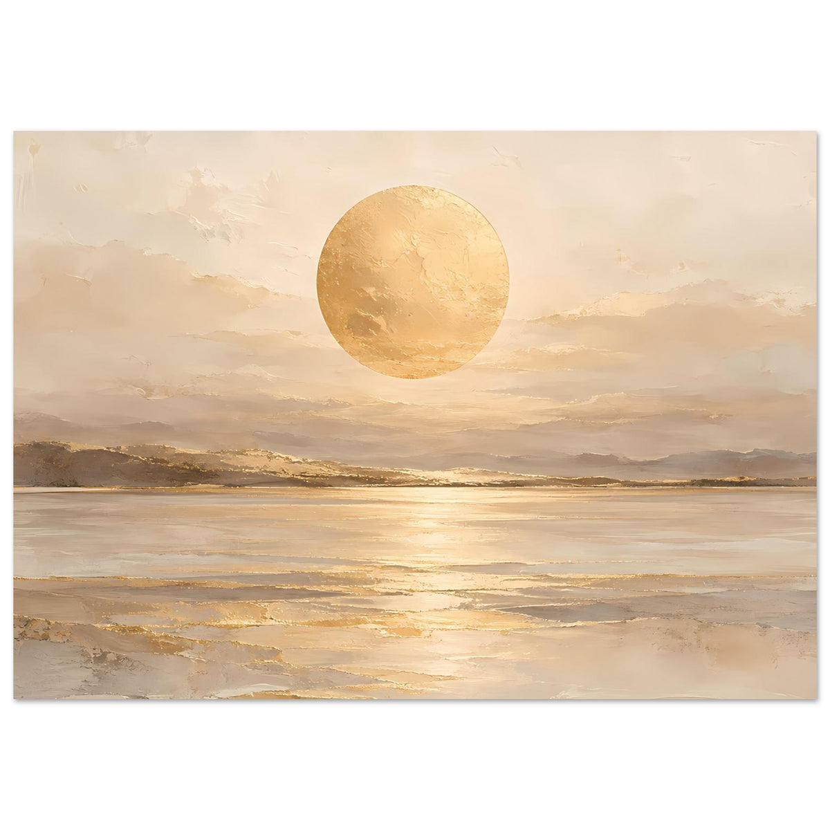 Beiges Kunstposter mit goldener Kreis-Sonne über ruhigem Wasser und Landschaft