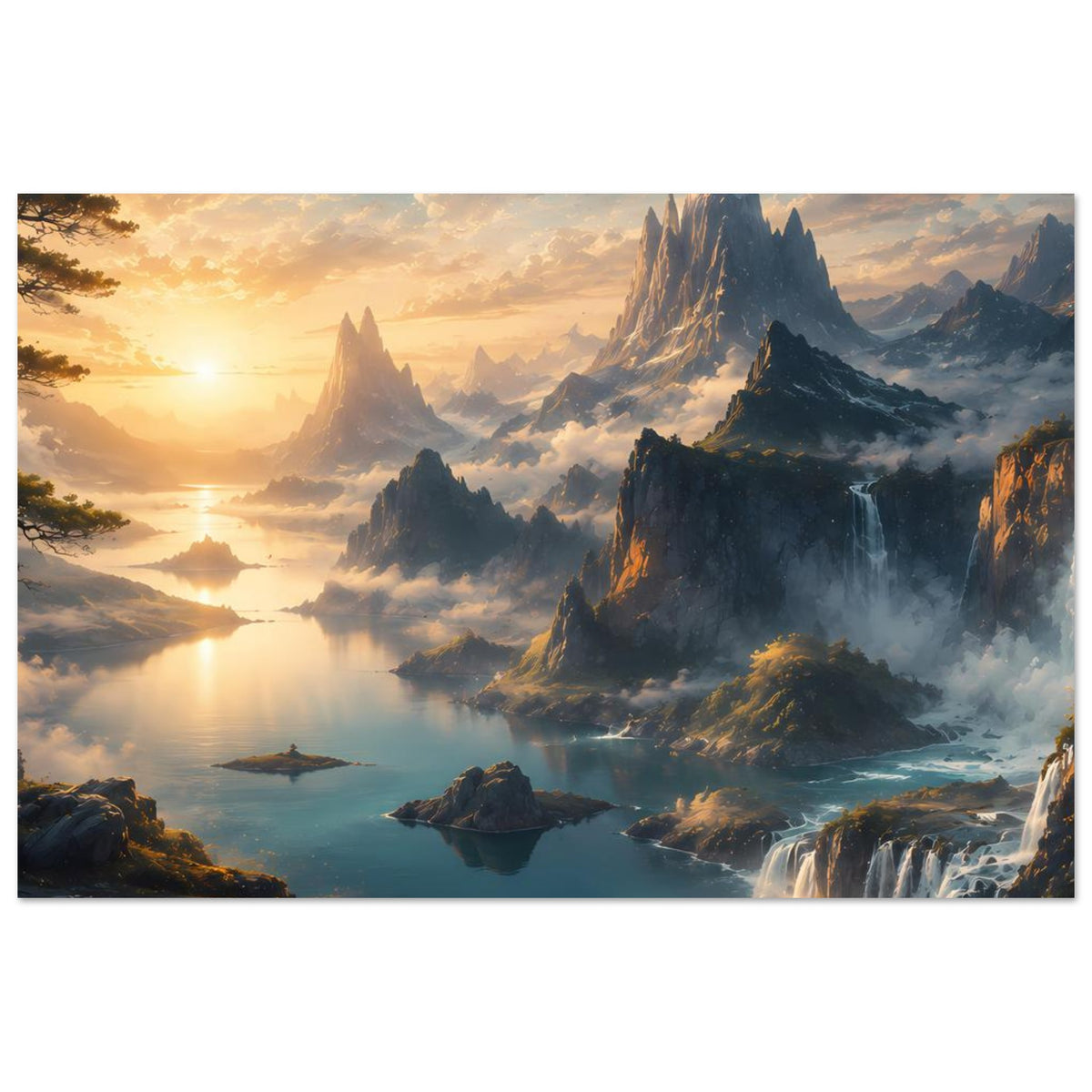 Horizontales Poster: felsige Berge, Wasserfall und Sonnenaufgang über Gewässer