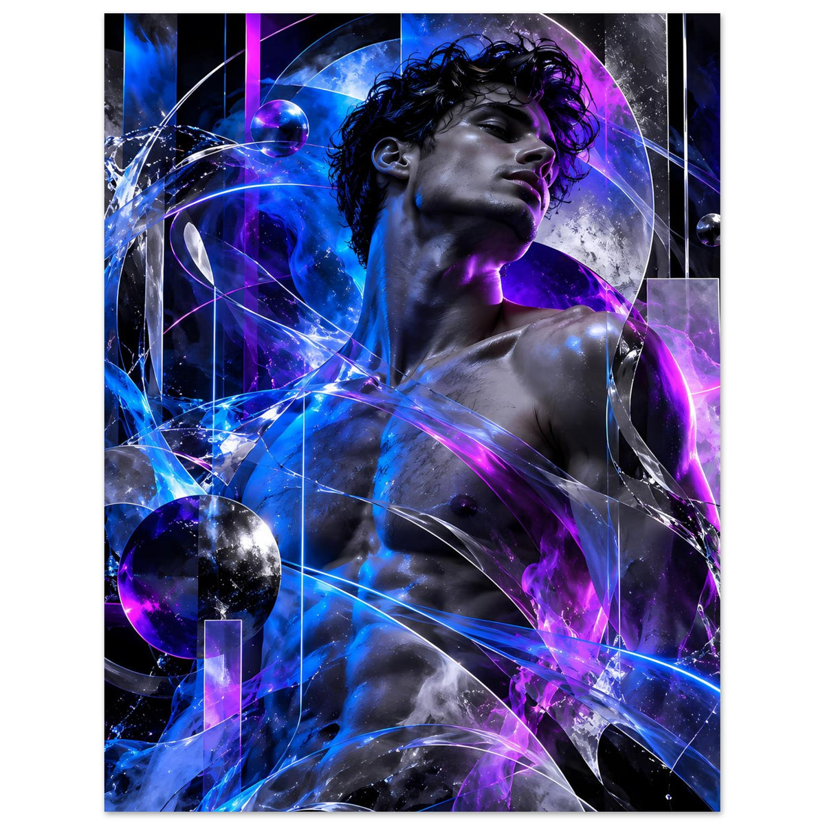 Futuristisches Poster im Hochformat: kosmische Figur mit violetter Energie im blauen Hintergrund