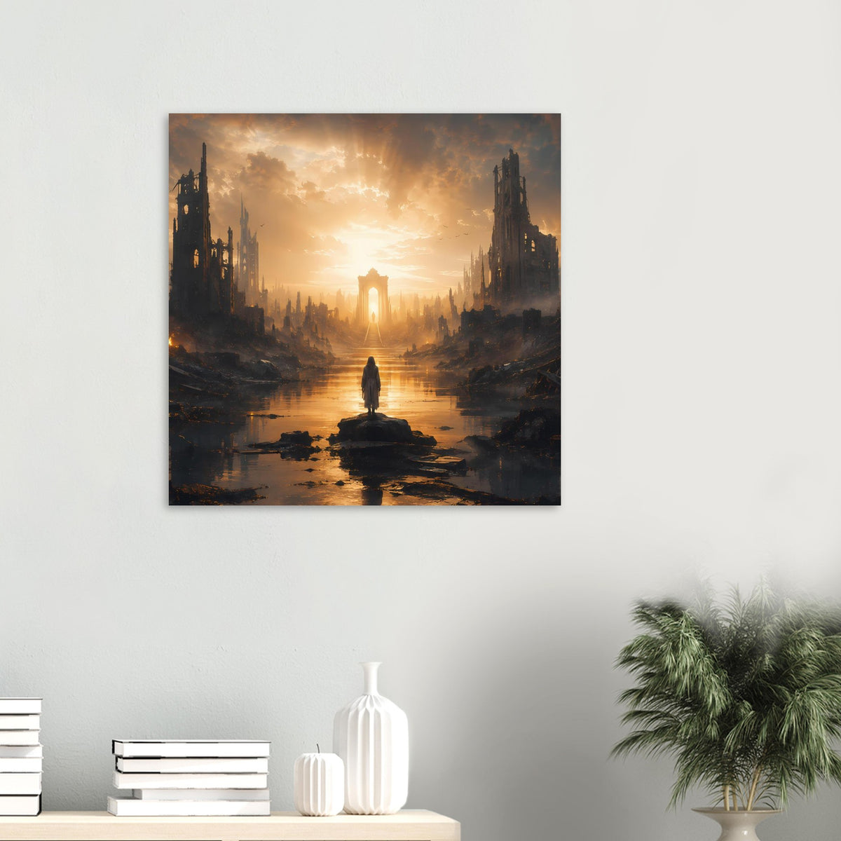 Poster mit postapokalyptischer Skyline, Sonnenaufgang über Ruinen und Figur im Vordergrund