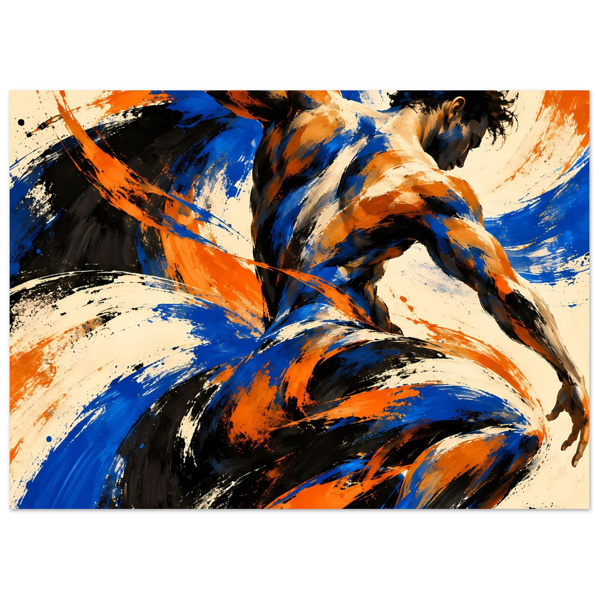 Abstraktes Kunstposter im Querformat mit dynamischer Figur in Blau, Orange und dunklen Akzenten