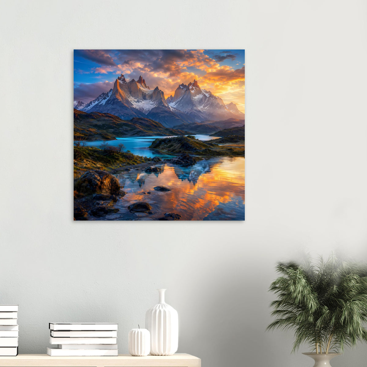 Landschaftsposter: Bergpanorama mit Wasserlauf, Felsen und orangefarbener Dämmerung
