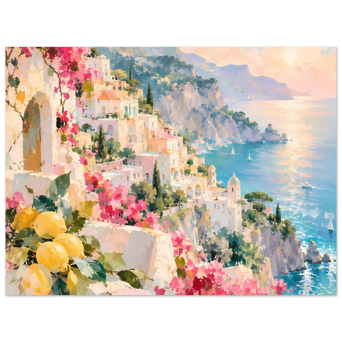 Poster mit mediterraner Bergküste: weiße Häuser, pinke Blüten, blaues Meer und Schiffe