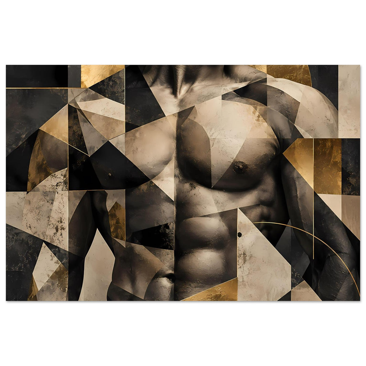 Abstraktes Akt-Poster: Oberkörper mit geometrischen Puzzleteilen in Schwarz, Beige und Gold