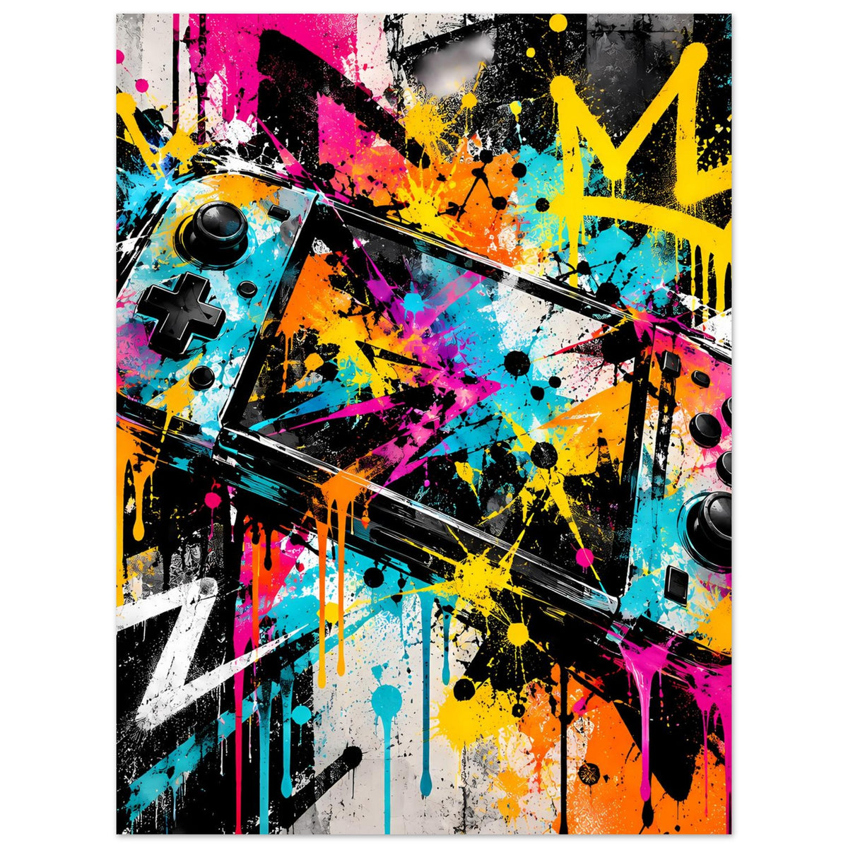 Hochformatiges Gaming-Graffiti-Poster mit bunten Spritzern, Controller-Icons und gelber Pfeilgrafik