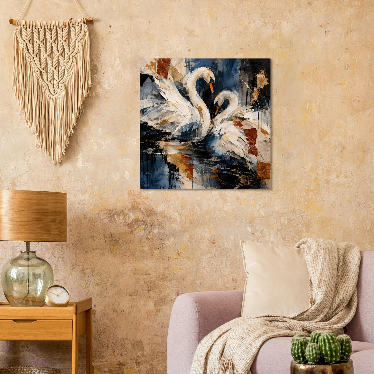 Quadratisches Poster mit Schwanenmotiv in Weiß, Blau und Braun mit gemischten Pinselstrichen