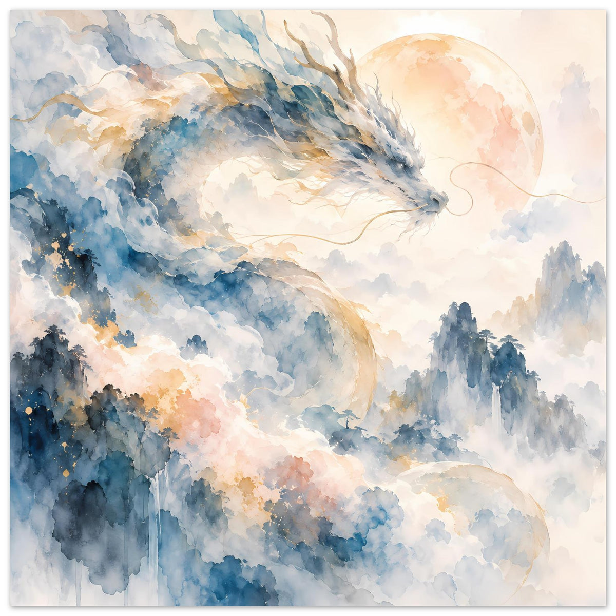 Fantasie-Aquarellposter mit Drachenflügeln über nebligen Bergen, blauem Dunst