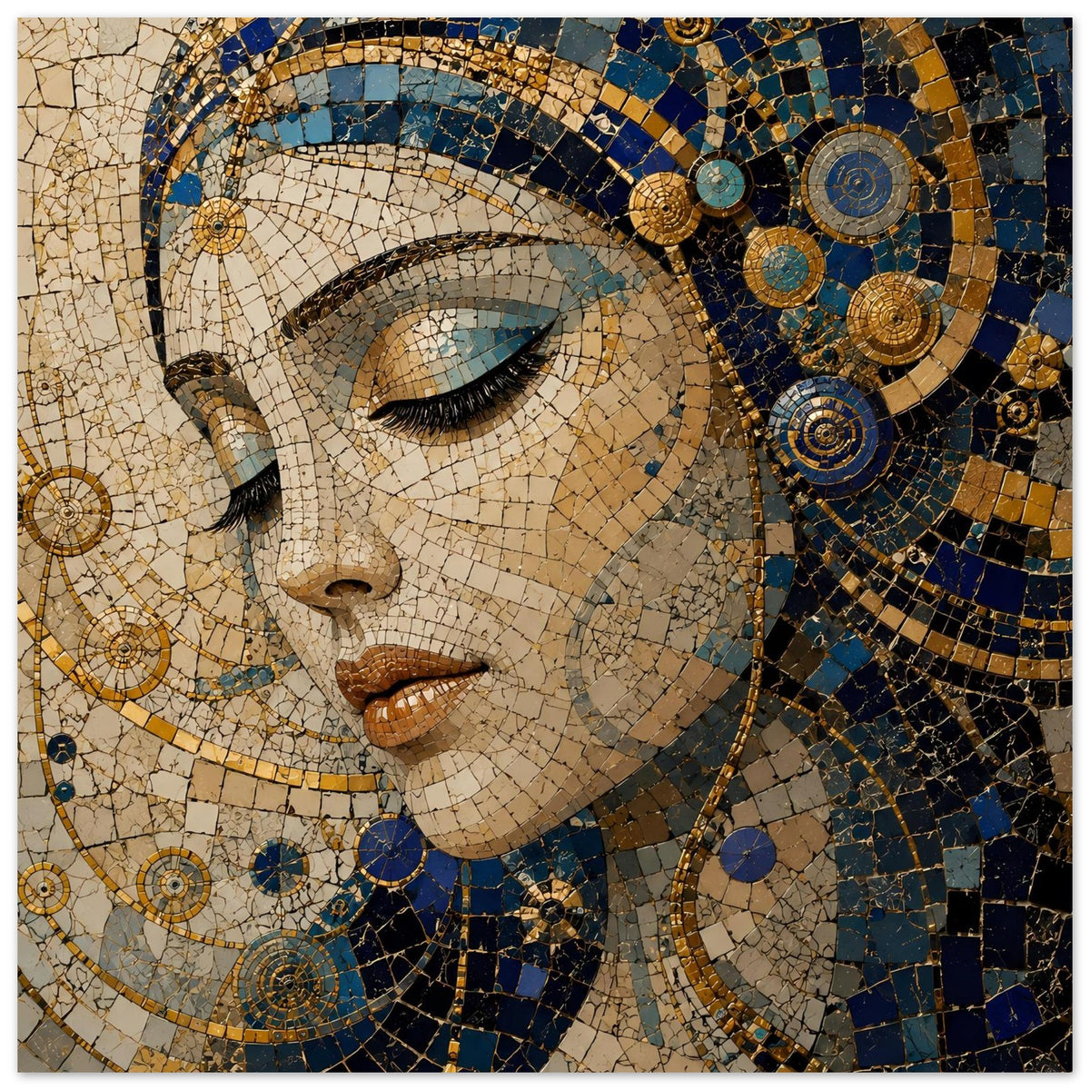 Poster mit Mosaikbild der Frau, Gesicht und Kopfband mit goldenen Kreisornamenten