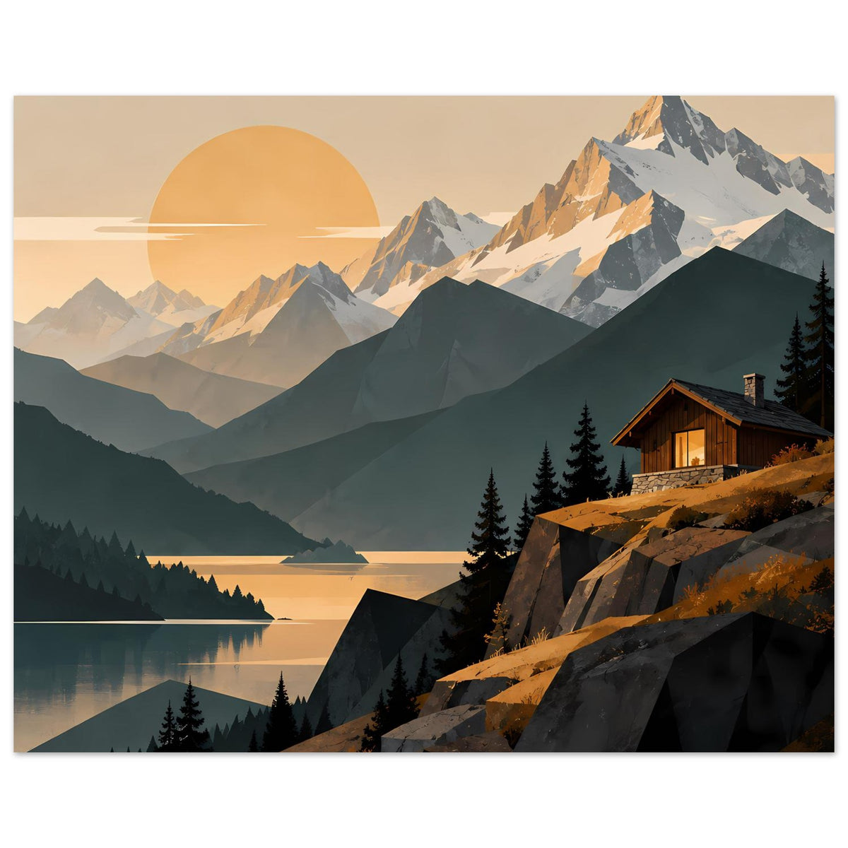Querformat-Poster mit Alpenlandschaft: Sonnenaufgang, Berge, See, Tannen und Holzhaus.