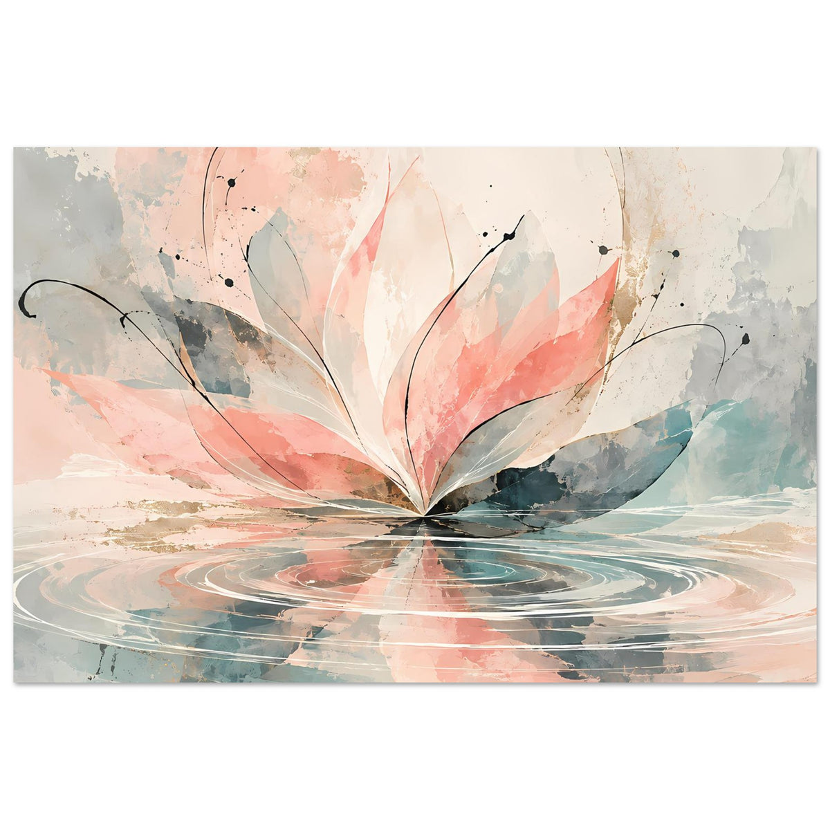 Aquarellblüten-Kunstposter im Querformat: zarte rosa Blüten, pastellblaue Farbfelder, Linien