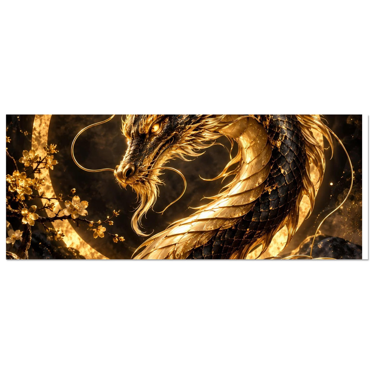 Poster-Ausschnitt mit goldenem Drachenkopf und goldenem Flammenrücken im Blütenbogen