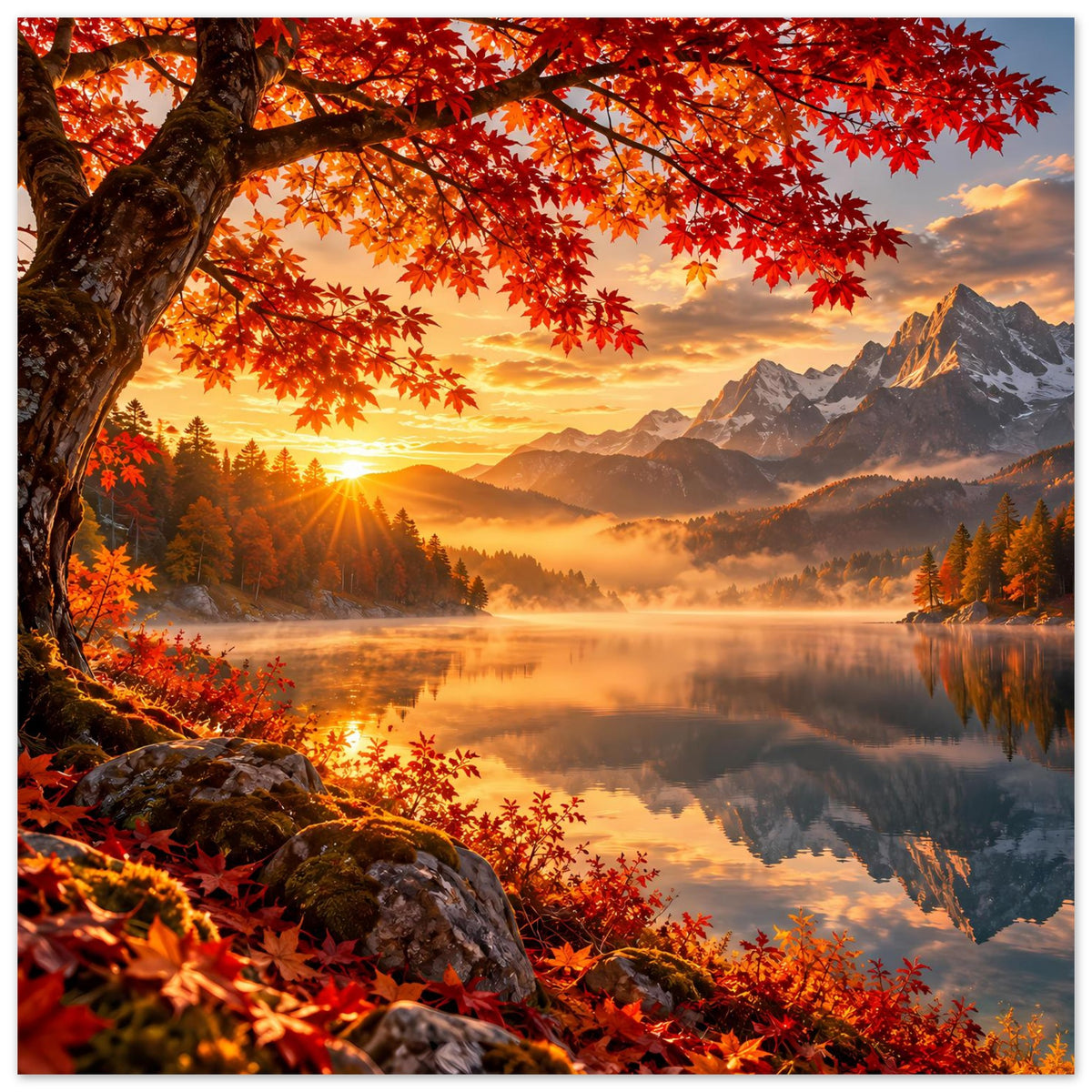 Poster Herbst-Sonnenaufgang: großer Baumstamm, orange-rote Blätter und Berglandschaft.