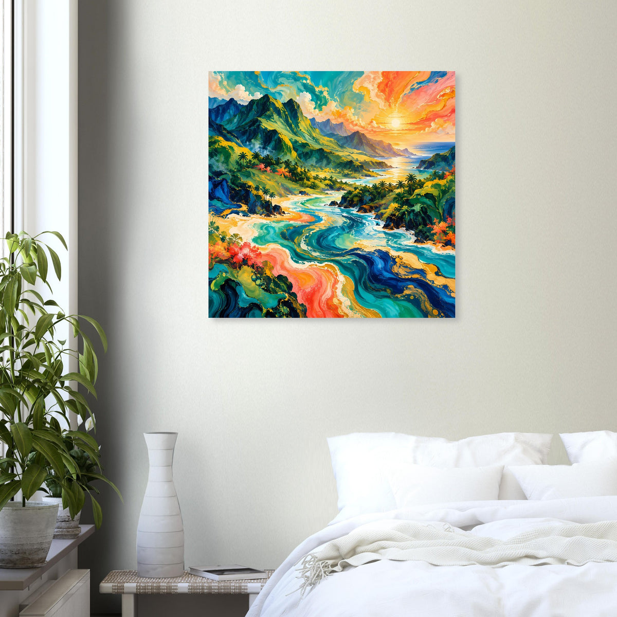 Quadratisches Poster mit Landschaftsmotiv, orangefarbener Abendsonne und blaugrünem Flusstal