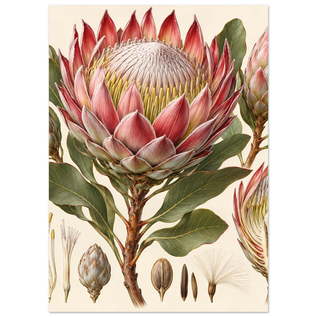 Poster mit Protea-Blütenkopf und botanischen Nebenansichten, rote Blüten, grüne Blätter, matt