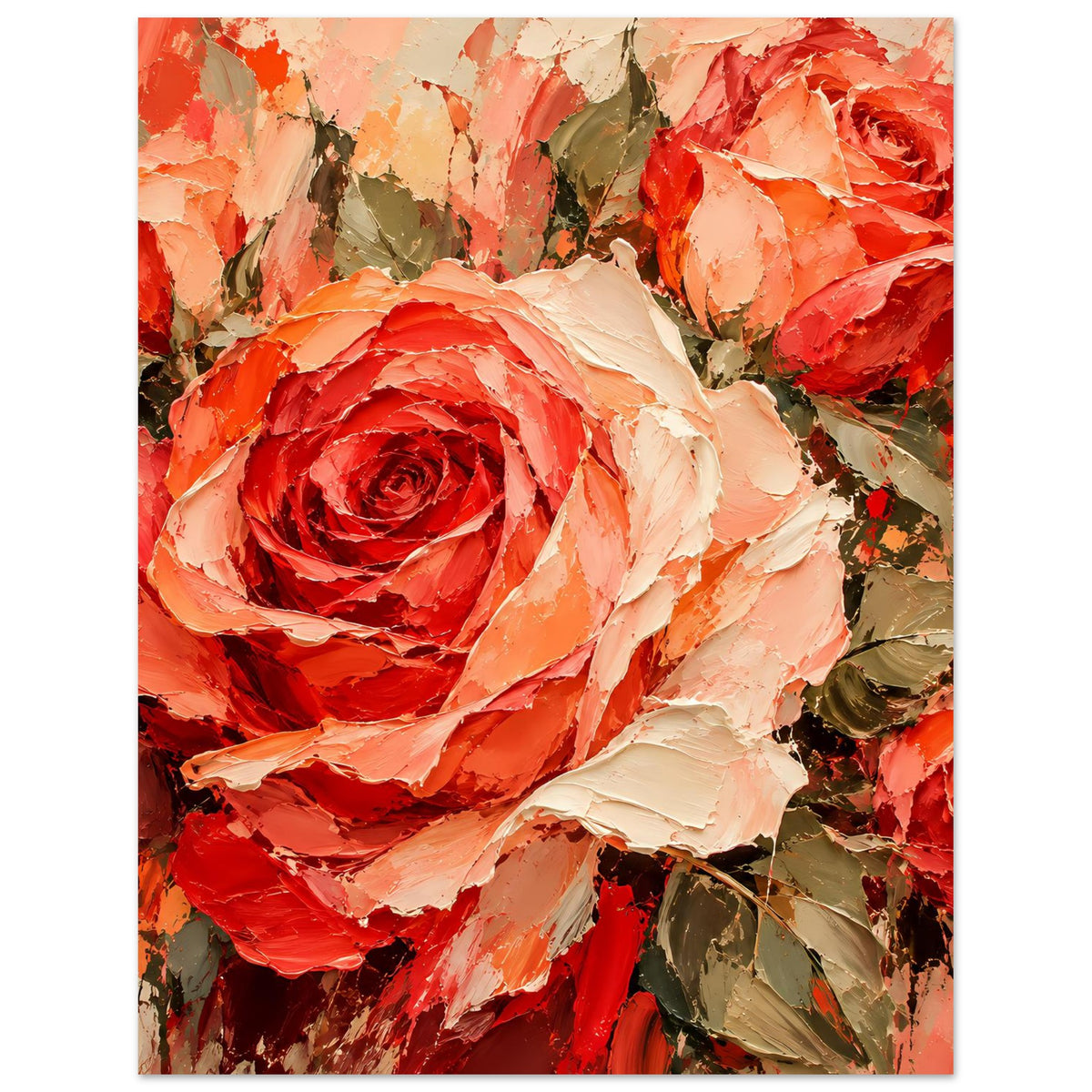 Blumenposter: große strukturierte Rosenblüte in Rot/Orange mit hellen Akzenten