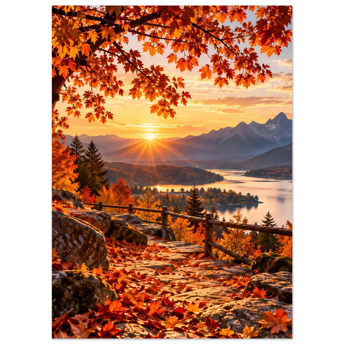 Herbstlandschafts-Poster mit Blick auf See, orangefarbenes Laub am Vordergrund und tiefstehender Sonne