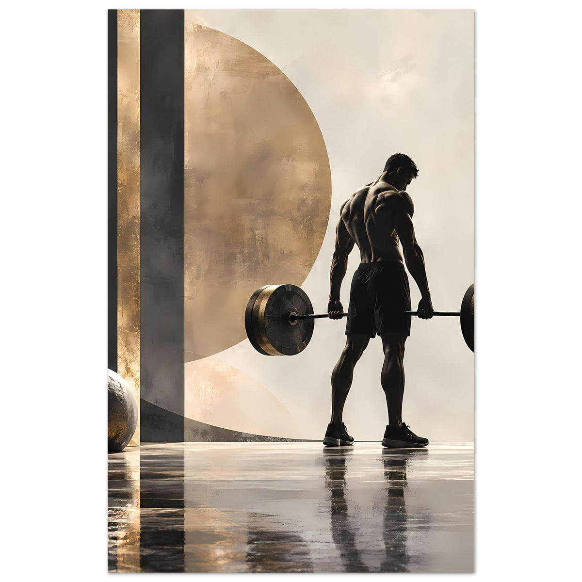 Krafttraining-Poster im Hochformat: Person hebt Langhantel, abstrakte Kreise in Gold und Grau