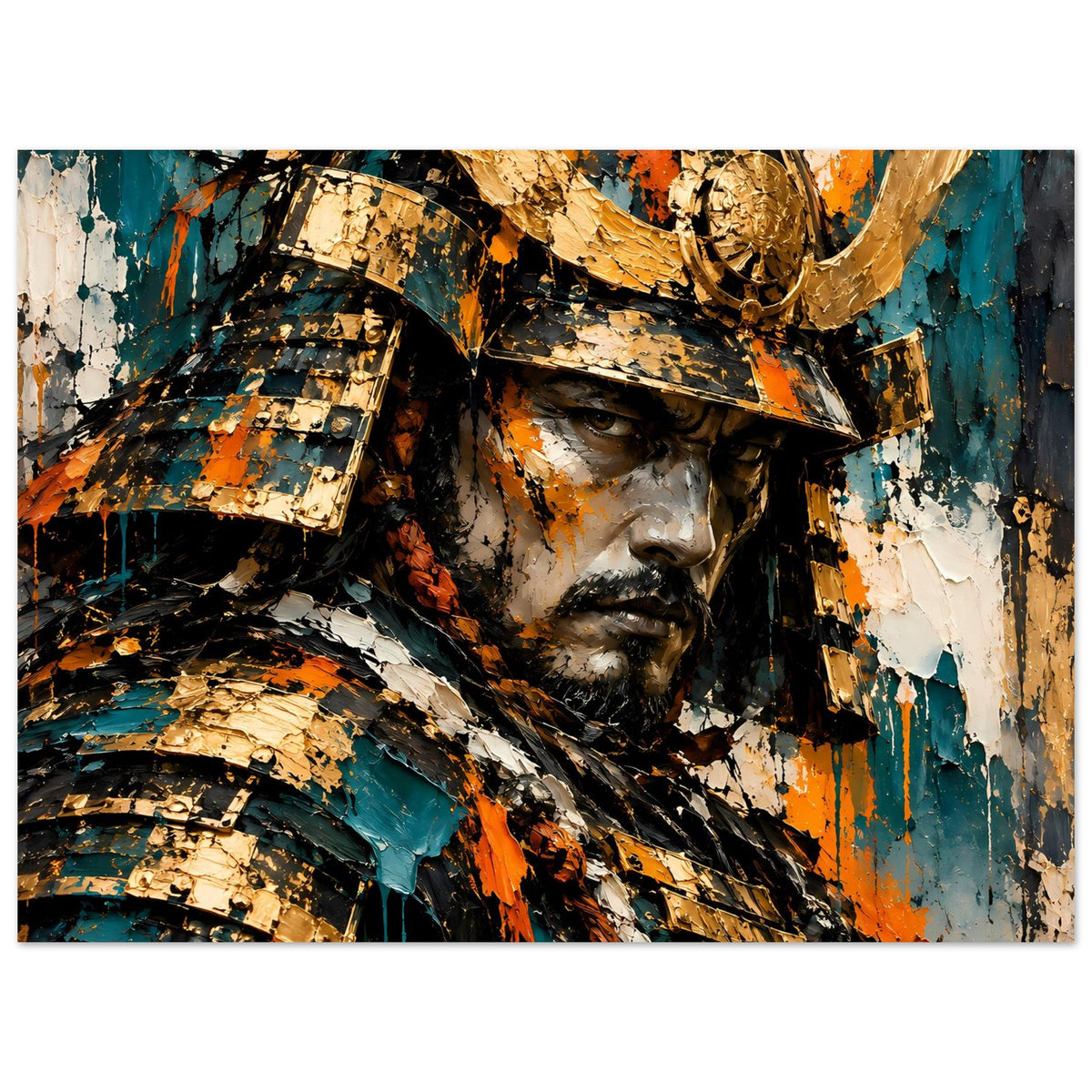 Poster im Querformat: Samurai-Krieger mit Helm in Gold, Rüstung und Spritzer in Teal
