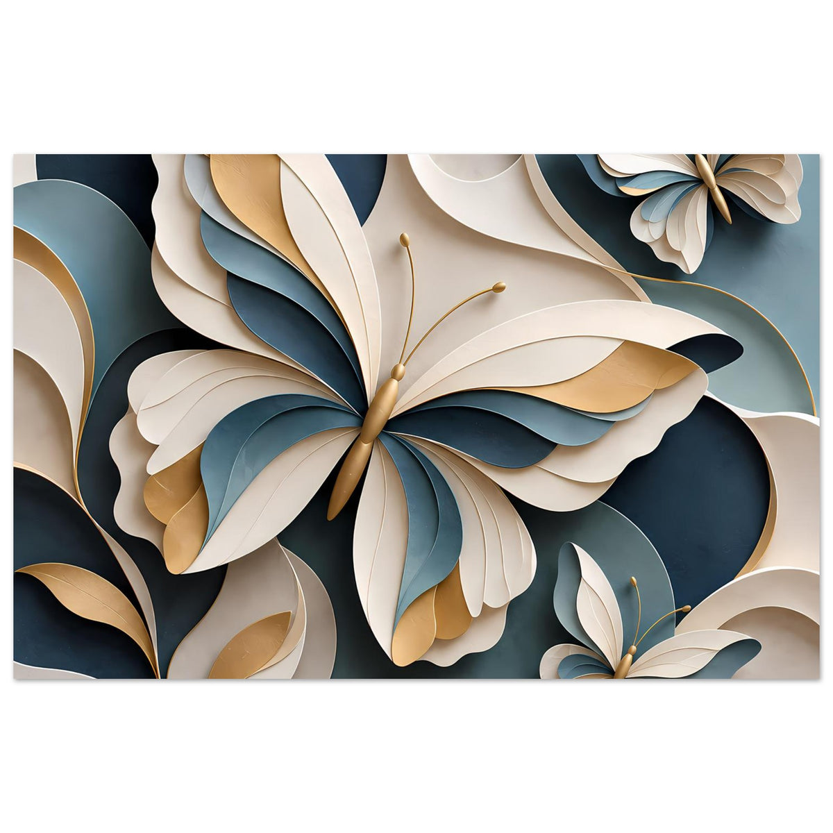 Wandposter mit abstrakter Blüten- und Schmetterlingskunst in Blau, Gold und Weiß, horizontal