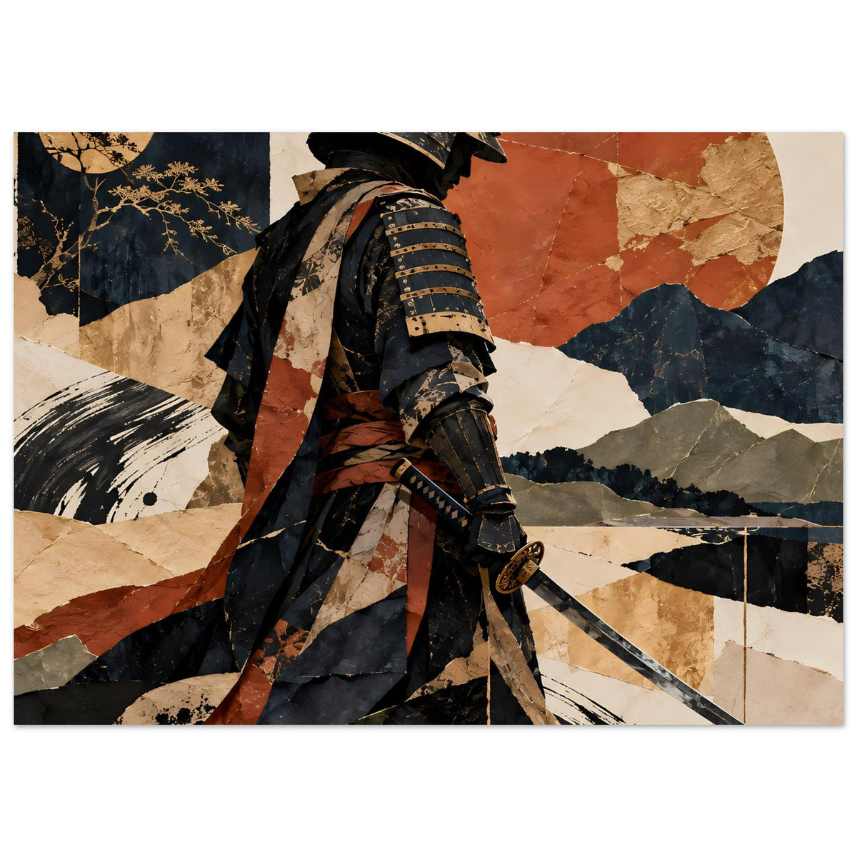Samurai-Silhouette-Poster mit Schwertarm, abstrakte Landschaftspatches in Braun, Blau und Beige