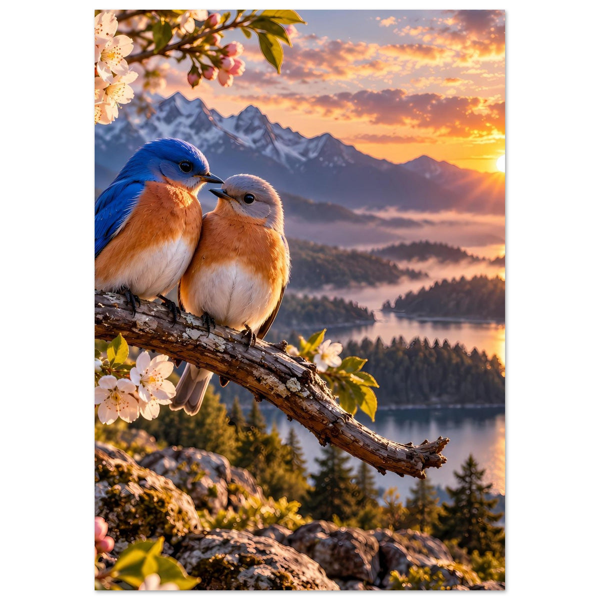 Poster im Hochformat mit zwei Vögeln auf Ast, rosa Blüten, Bergsee und goldene Sonne