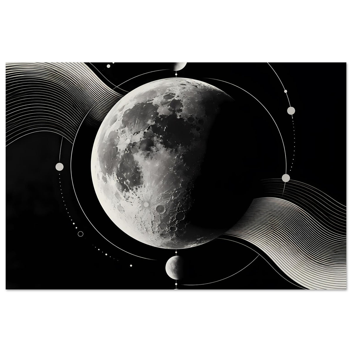 Mondphasen-Poster mit silbergrauem Vollmond, weißen Linienkreisen und Wellenmuster.
