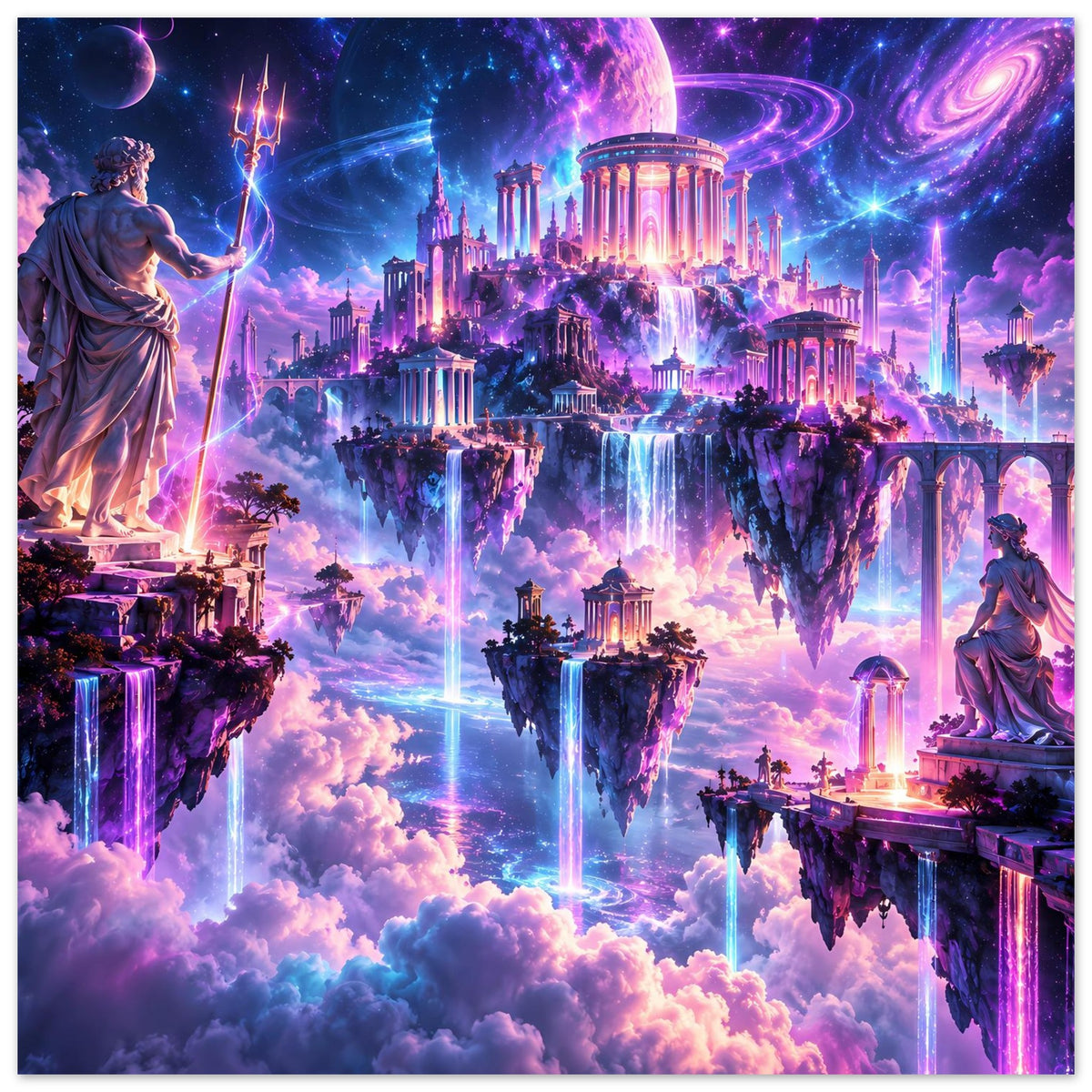 Fantasy-Poster mit schwebenden Inseln, antiken Tempeln und violetten Lichtwasserfällen