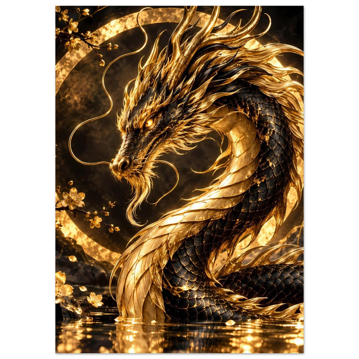 Poster mit goldenem Drachen im Blütenkreis, Vorderansicht mit feuriger Mähne