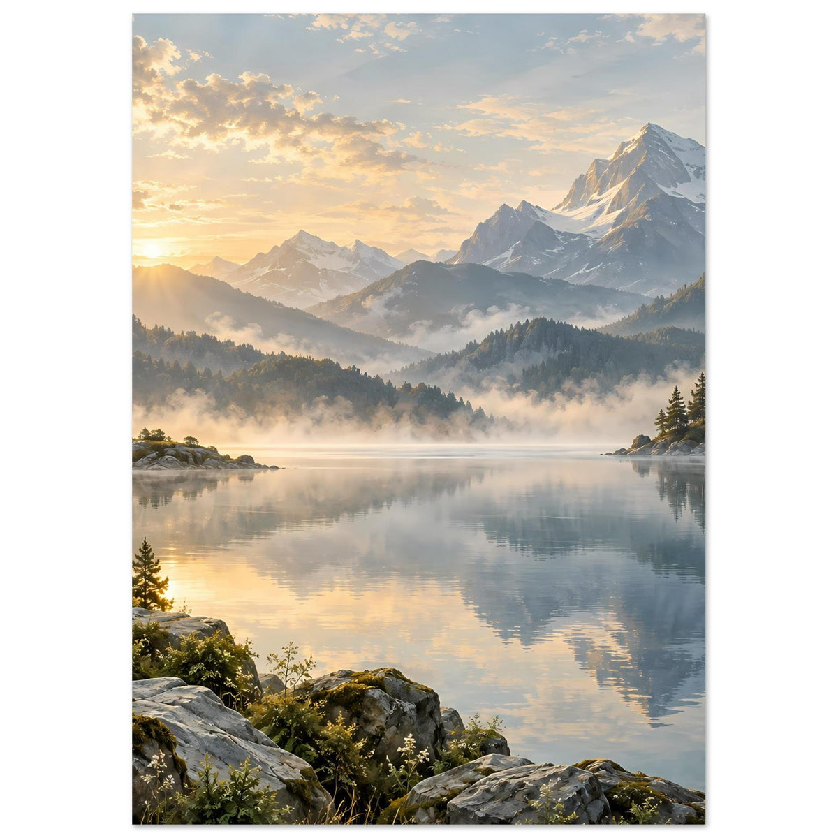 Landschaftsposter: Bergsee im Sonnenaufgang mit Nebel und Spiegelung